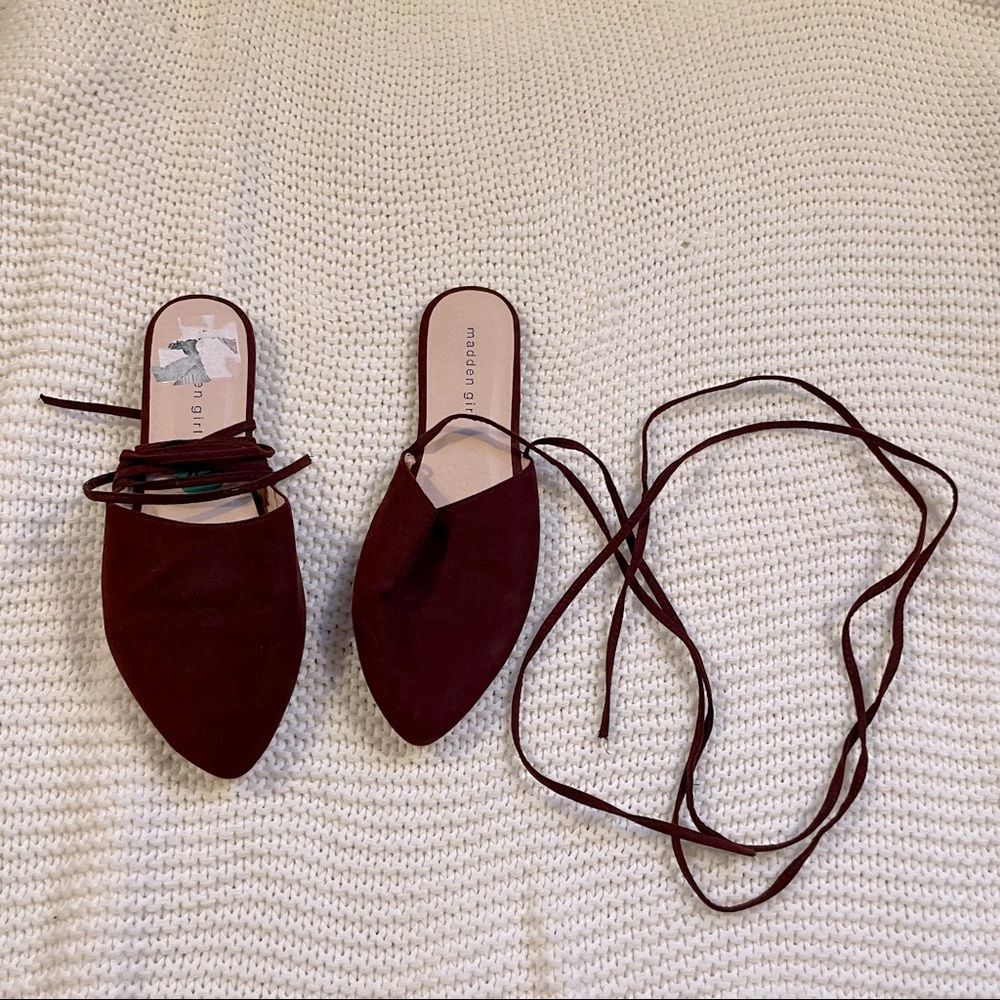 MADDEN GIRL BURGUNDY OPEN BACK TIE UP FLATS